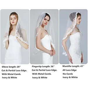 Bridal lace veil set featuring elbow, fingertip and mantilla lengths with delicate lace edge.