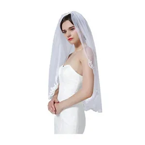 White bridal veil with delicate lace embroidery and comb wrist length wedding accessory main image.