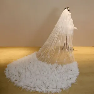 Long wedding veil with cathedral train and floral applique, elegant bridal headpiece for wedding.