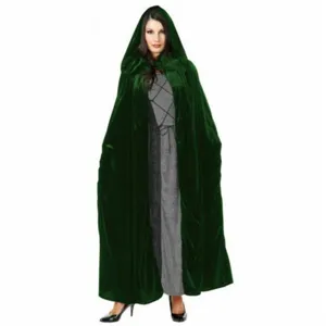 Green velvet hooded cloak for Halloween costume, medieval cosplay cape, stage performance outfit.