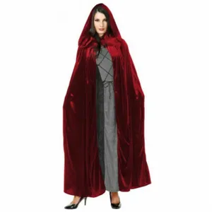 Red velvet hooded cloak detail view, vintage style costume cape for women and men stage wear.
