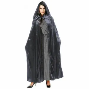 Detailed view of dark grey velvet hooded cloak showing fabric texture for medieval costume events.