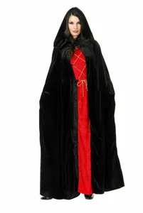 Close-up detail of the black velvet hooded cloak showing premium fabric texture and design.