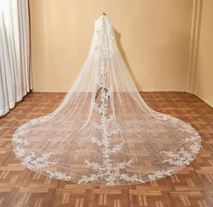 Lange kathedraal sleep bruidssluis met delicate kantborduursels voor de bruiloft.