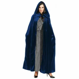 Blue velvet hooded cloak cape for halloween costume cosplay party stage performance wear.