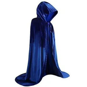 Blue velvet hooded cloak for adult Halloween cosplay stage performance long solid color cape.