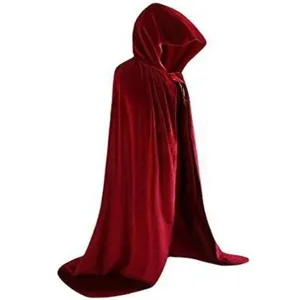 Long red velvet hooded cloak for adults, perfect for Halloween, cosplay, and stage performances.