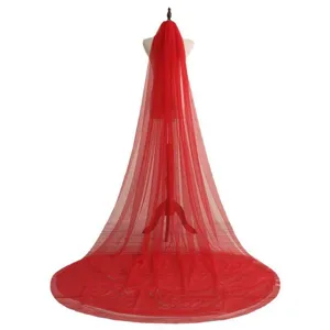 Detailed view of the elegant red long double-layer mesh bridal veil with dramatic sweep train.