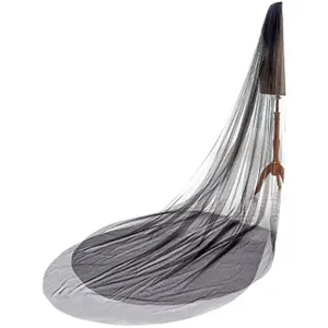 Detailed view of long black wedding veil mesh fabric, elegant bridal photography prop.