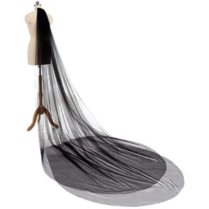 Long black double layer wedding veil with comb for bridal photography and ceremony events.