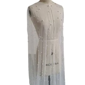 Elegant pearl embellished long wedding tulle cape bridal mesh sheer cloak for women
