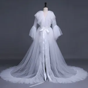 Women's Long Mesh Cape Cloak Wedding Bridal Shawl Long Sleeve Ruffle Hem Floor Length Train Elegant Outerwear