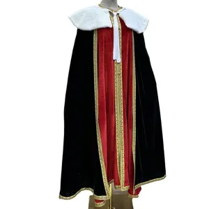 Detailed view of the red and black velvet costume cloak with white faux fur collar and gold trim.