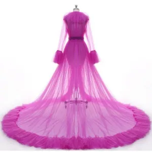 Pink sheer mesh bridal cloak long sleeve cape wedding dress overlay floor sweeping train