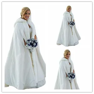 White bridal wedding cape with hood, thick warm plush cloak for winter outdoor photography.