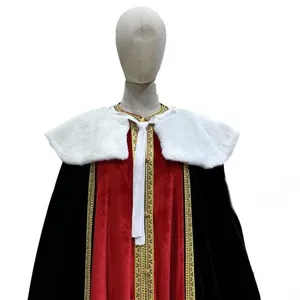 Detailed view of the red and black velvet cosplay cloak with white faux fur collar trim.