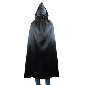 Black hooded cloak for Halloween cosplay, long vampire witch cape, perfect costume accessory.