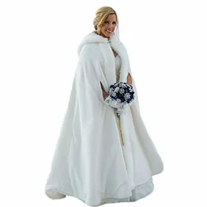 White faux fur bridal cape winter warm hooded floor length wedding cloak detail view