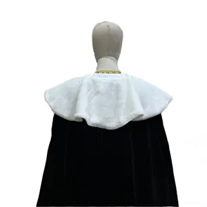 Detailed view of black velvet cape with white faux fur collar for Halloween costume cosplay.
