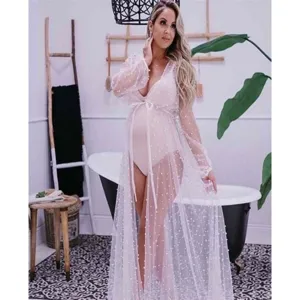 Women plus size long sheer maternity cape pearl embellished beach bikini cover up robe