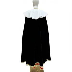 Black velvet Halloween cape with white faux fur collar and gold trim for stage performance.