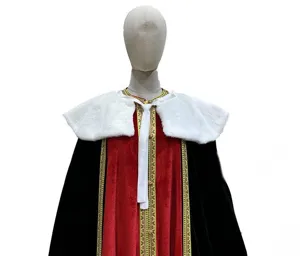 Theatrical velvet cape Halloween costume cosplay cloak with faux fur collar and gold trim