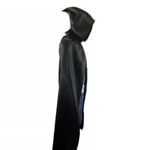 Black hooded cape detail view, showcasing the pointed hat design and smooth fabric texture.
