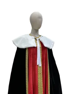 Red and black velvet cloak with white fur collar for Halloween cosplay and stage performance