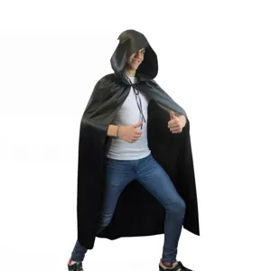 Black hooded cloak detail view, perfect for Halloween cosplay, costume party and dress up.