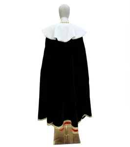 Back view detail of black velvet costume cape featuring white plush fur collar and gold trim.