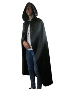 Black hooded cloak for Halloween cosplay party, long witch vampire costume cape detail view.