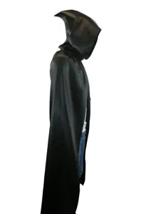 Black hooded cloak for Halloween cosplay, vampire and witch costume cape accessory.