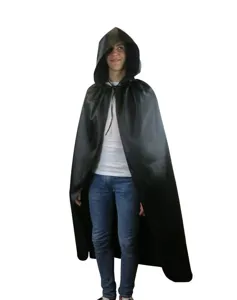 Detailed view of the black hooded cosplay cloak, showcasing fabric texture and lace-up neck.