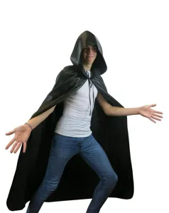 Black hooded cloak detail showing the pointed hood, tie closure, and soft fabric texture.