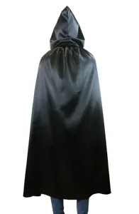 Black hooded cloak for Halloween cosplay, long satin cape design viewed from the back.