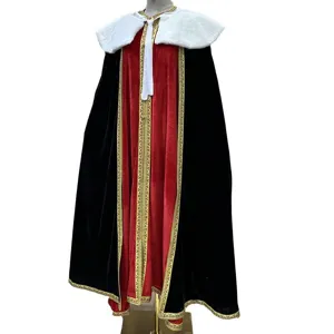 Two-piece velvet cloak with faux fur collar and gold trim for Halloween cosplay stage performance