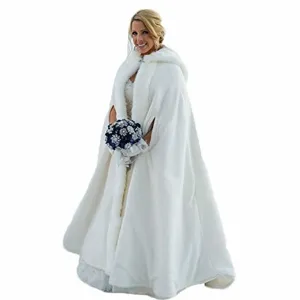 White winter bridal faux fur hooded cape floor length warm cloak for outdoor wedding photography