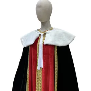 Halloween theatrical velvet cloak two-piece costume with faux fur collar and gold trim for stage