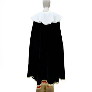 Black velvet royal cape with white faux fur collar and gold trim for Halloween and cosplay.