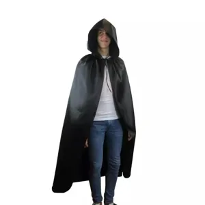 Black hooded cloak for Halloween cosplay, vampire witch cape with ties for adults.