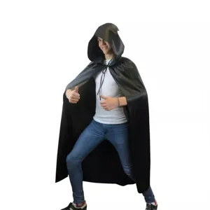Black hooded cape cloak for Halloween cosplay, vampire witch costume, comfortable fabric.