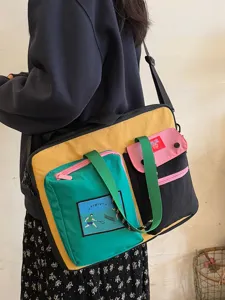 Korean style colorblocked laptop shoulder bag, casual large capacity canvas commuter bag for women