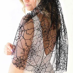 Velo corto negro de encaje con telaraña, perfecto para Halloween y fiestas góticas.