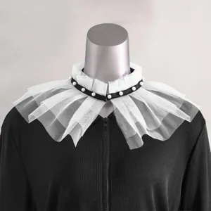 Finto colletto in tulle bianco con decorazione di perle, scialle doppio strato rimovibile.