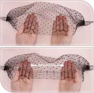 Black polka dot mesh veil with lace ties, sheer breathable birdcage veil eye mask accessory.