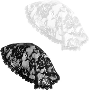 Lace bridal veil and headscarf set featuring elegant floral rose patterns in black and white.
