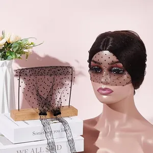 Black polka dot mesh veil eye mask with lace tie, gothic vintage birdcage bridal veil.