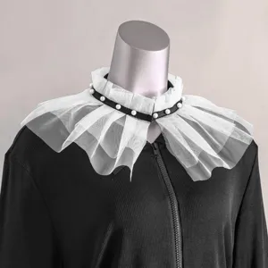 Finto colletto in tulle bianco con perle e nastro nero, colletto rimovibile doppio strato.
