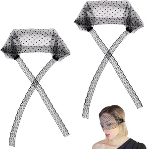 Black polka dot sheer tulle eye mask with delicate lace up ribbons, stylish birdcage veil for party.