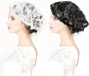 Exquisite floral lace bridal headscarf detail, elegant veil variant, hair accessory.